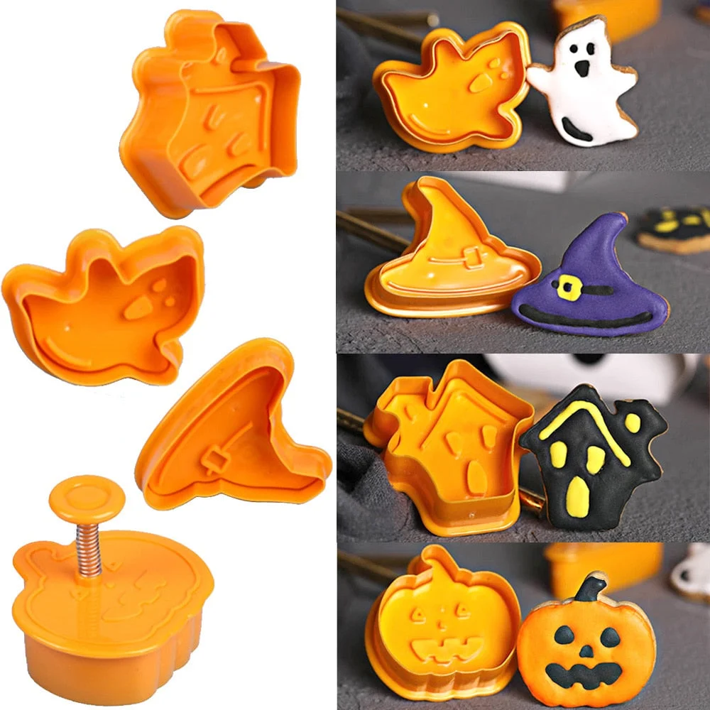 Christmas Gift 4pcs Halloween Pumpkin Ghost Theme Plastic Cookie Cutter Plunger Fondant Sugarcraft Chocolate Mold Cake Decorating Tools