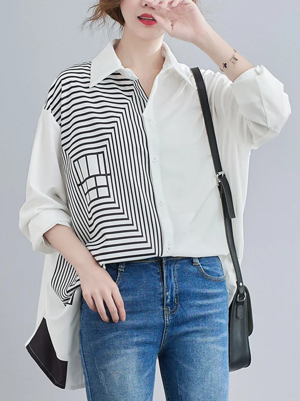 Irregular Striped Splicing Long Sleeve Lapel Blouse