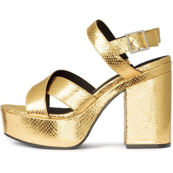 Women's Golden  Ankle Strap Buckle Platform Chunky Heel Sandals |FSJ Shoes