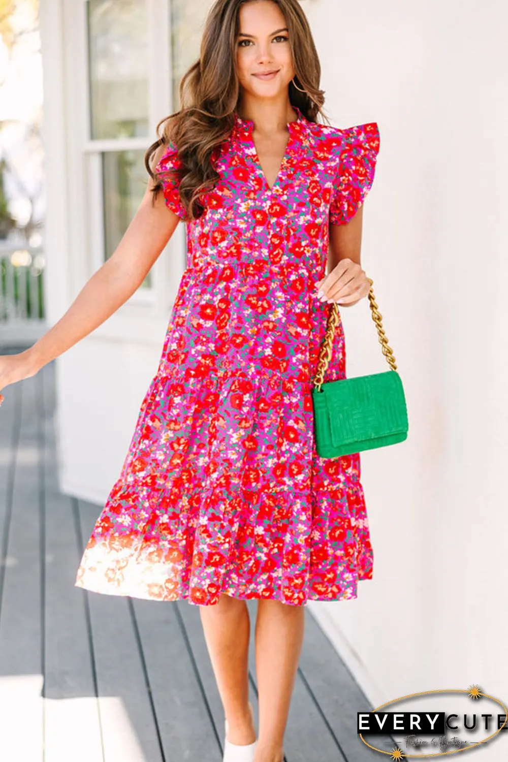 Red Boho Floral Flutter Sleeve Tiered Ruffled Dress
