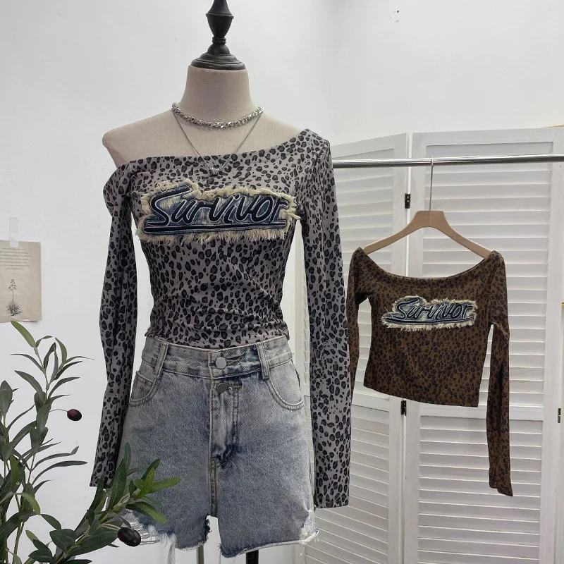Nigikala Nigikala Girls Letter Sticker Leopard Long-Sleeved T-Shirt 2025 Autumn New Thin Short Top 1112