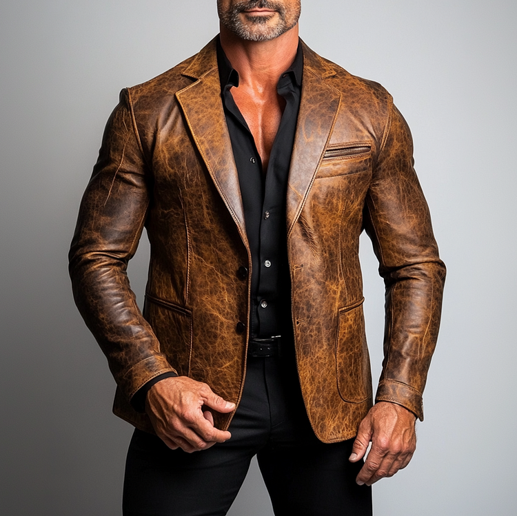 Men's Retro PU Leather Notched Lapel Single Breasted Long Sleeve Blazer