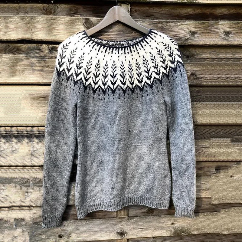 Vintage Geometry Icelandic Pattern Printed Color Block Comfy Sweater