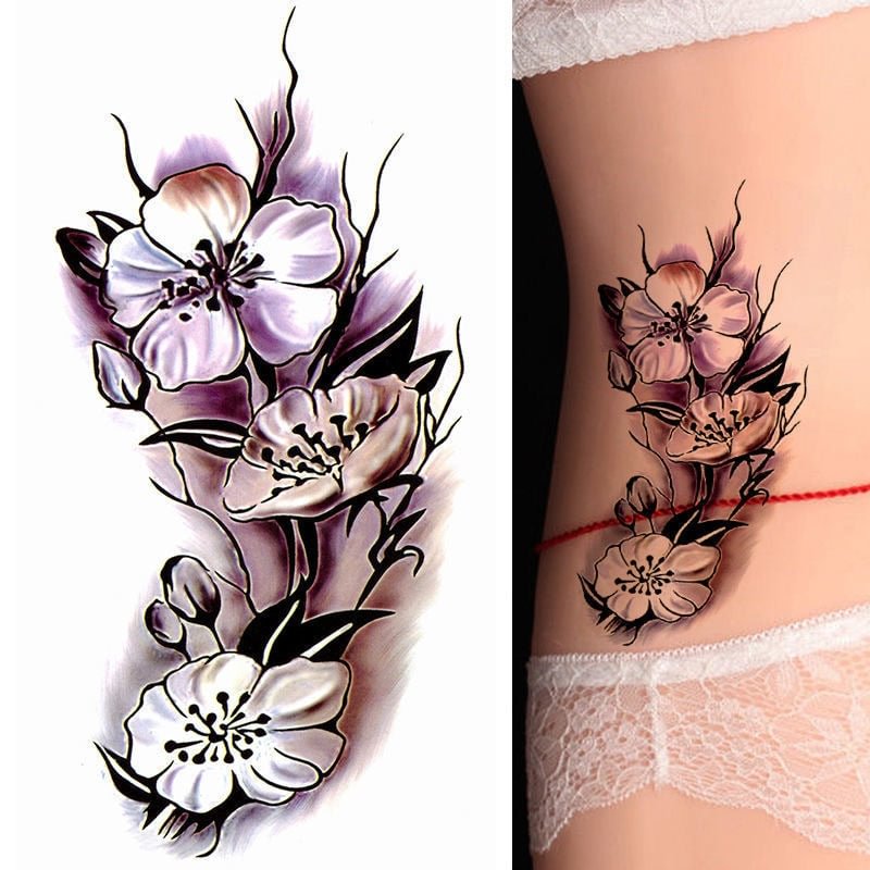 Purple Flower Fake Tattoo Stickers For Men Women Arm Waist Body Art Waterproof Flash Decals Temporary Tattos Waterproof Tatoos