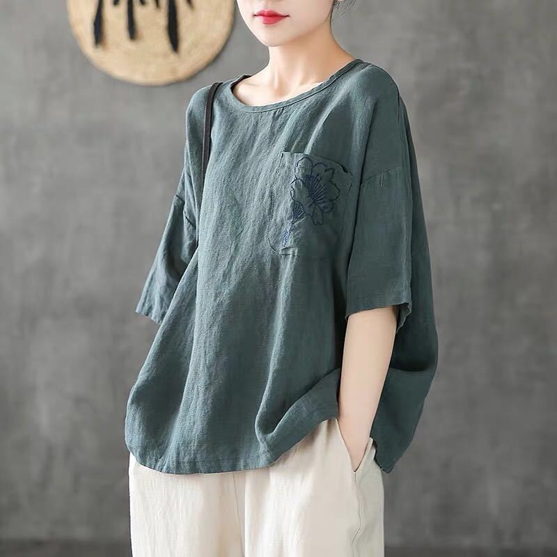 Cotton and Linen New Flower Embroidery Women T-shirt