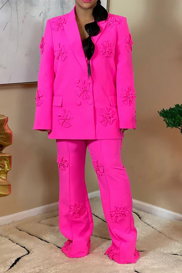 Solid Color Elegant 3D Flower Design Pant Suit