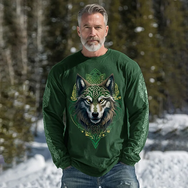Men's St. Patrick's Day And Wolf Print Long-sleeve T-shirt