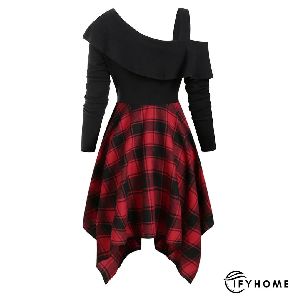 Plus Size Plaid Skew Neck Flounce Asymmetrical Dress Women Skew Collar Party Prom High Waist A-Line Gothic Dress Vestidos | IFYHOME