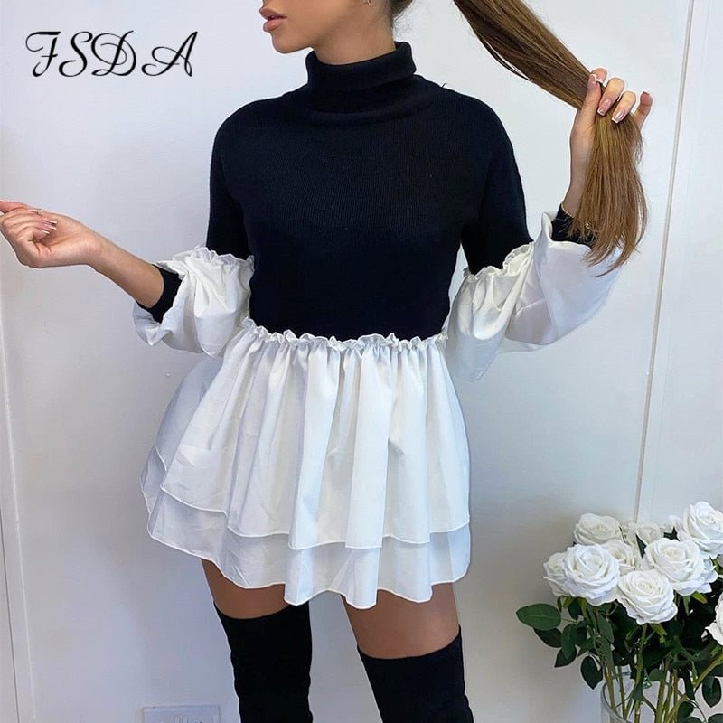 FSDA 2020 Turtleneck Long Puff Sleeve Dress Mini A Line Ruffles Women Casual Patchwork Club Black Autumn Winter Party Dresses