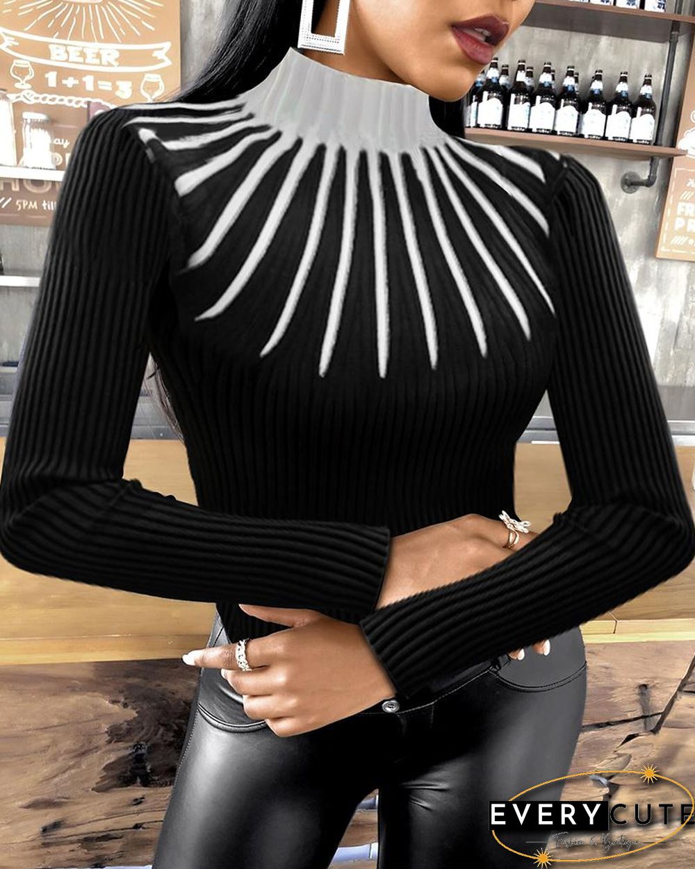 Colorblock Long Sleeve Meck Neck Knit Top