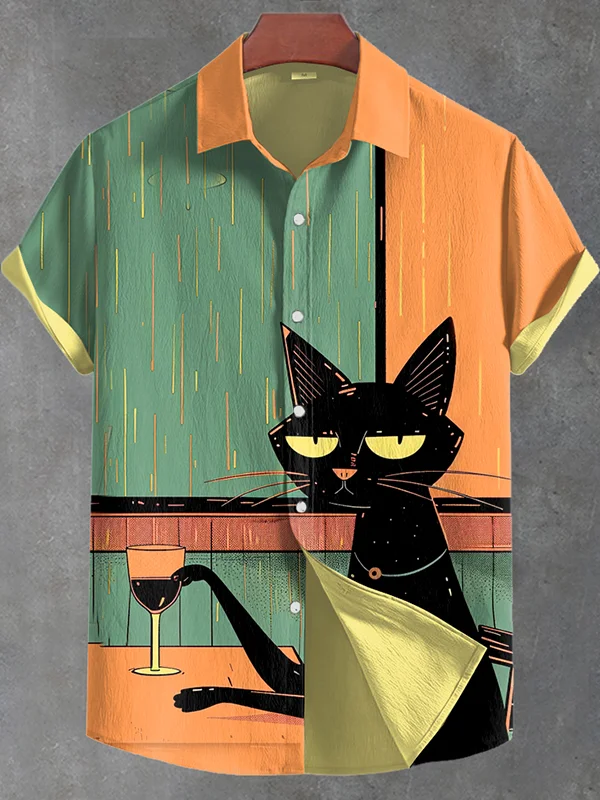 Men's Cool Black Cat Drinking Wine Color Block Art Print Linen Blend Shirt
