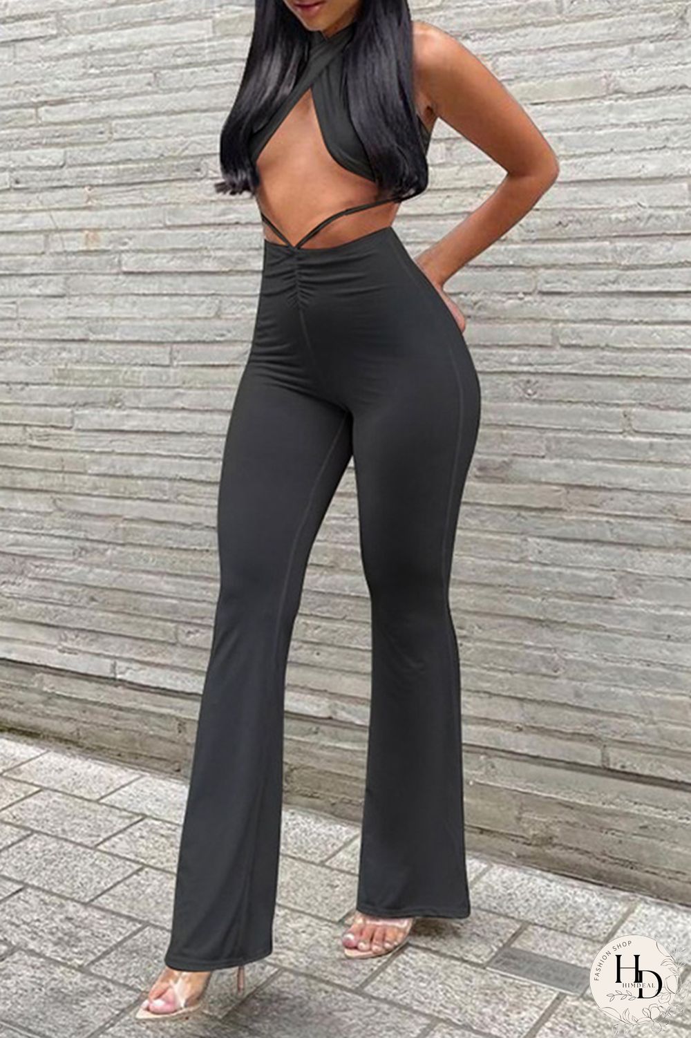 Red Fashion Sexy Solid Backless Halter Sleeveless Two Pieces