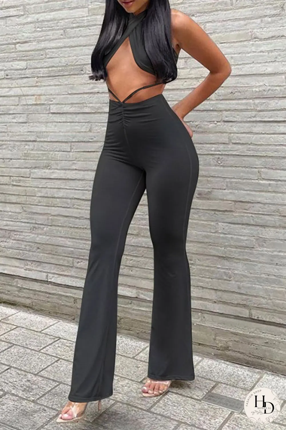 Red Fashion Sexy Solid Backless Halter Sleeveless Two Pieces