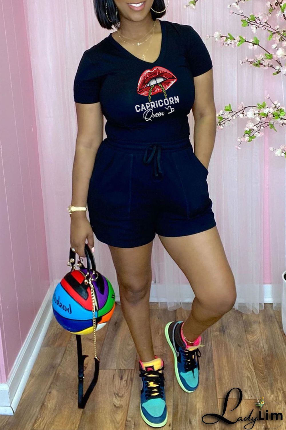 Rose Red Fashion Casual Lips Printed Basic V Neck Short Sleeve Two Pieces