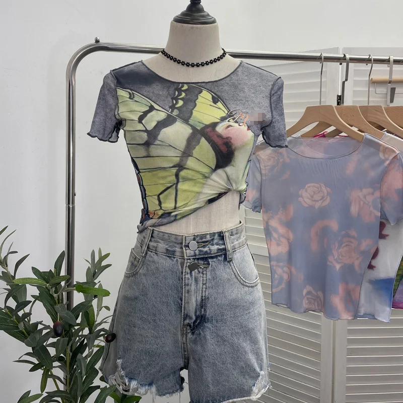 Uveng Single-Layer Thin Mesh Tie-Dye-Repair Short-Sleeved T-Shirt For Girls Summer Short-Sleeved Hottie Top 9917