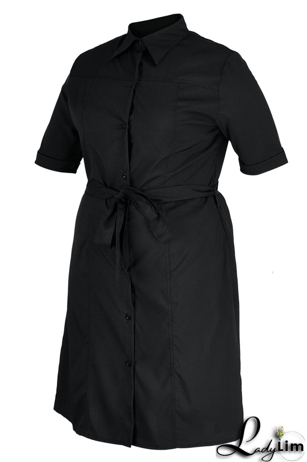 Black Casual Solid Patchwork Buckle Turndown Collar Straight Plus Size Dresses
