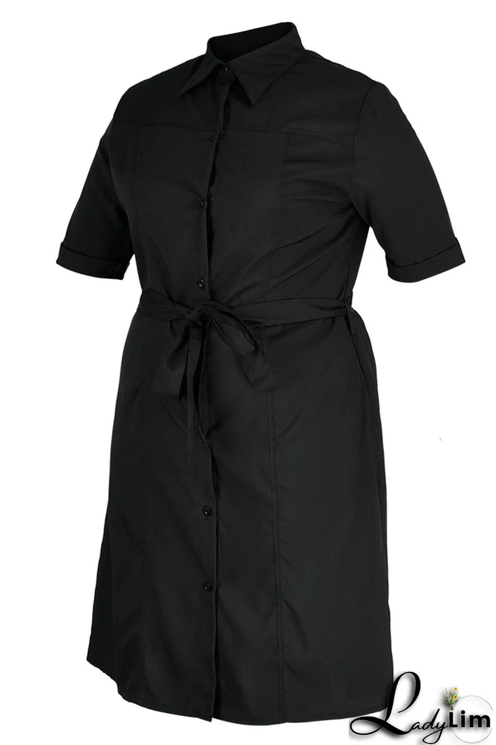 Black Casual Solid Patchwork Buckle Turndown Collar Straight Plus Size Dresses