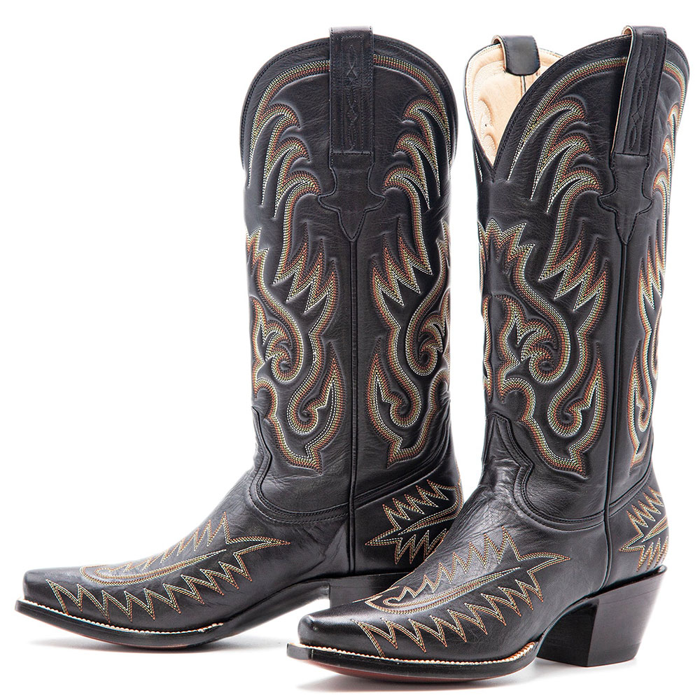 Black Snip Toe Chunky Heel Knee-High Cowgirl Boots with Embroidery Nicepairs