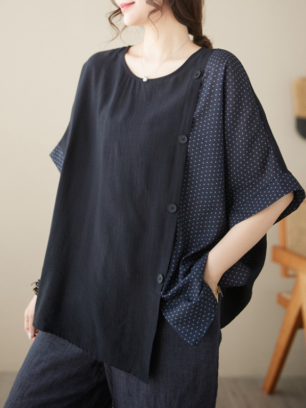 Polka Dot Patchwork Loose Bat Wing Sleeve Top