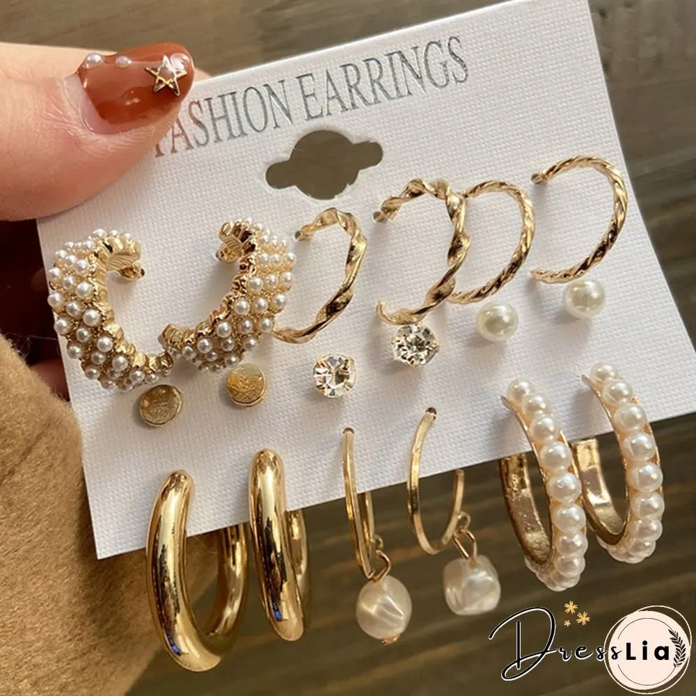 17KM Fashion Pearl Hoop Earrings Set For Women Geometirc Gold Metal Circle Hoop Earrings Brincos Trend Jewelry Gift
