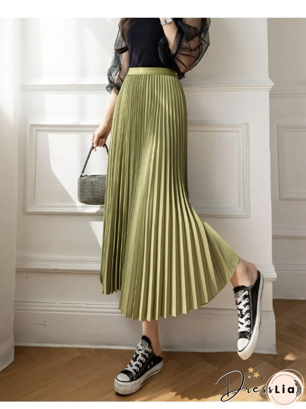 New Summer Womens Pleated Skirt High Waist Drape Umbrella Mid-_length Slim A-line Female