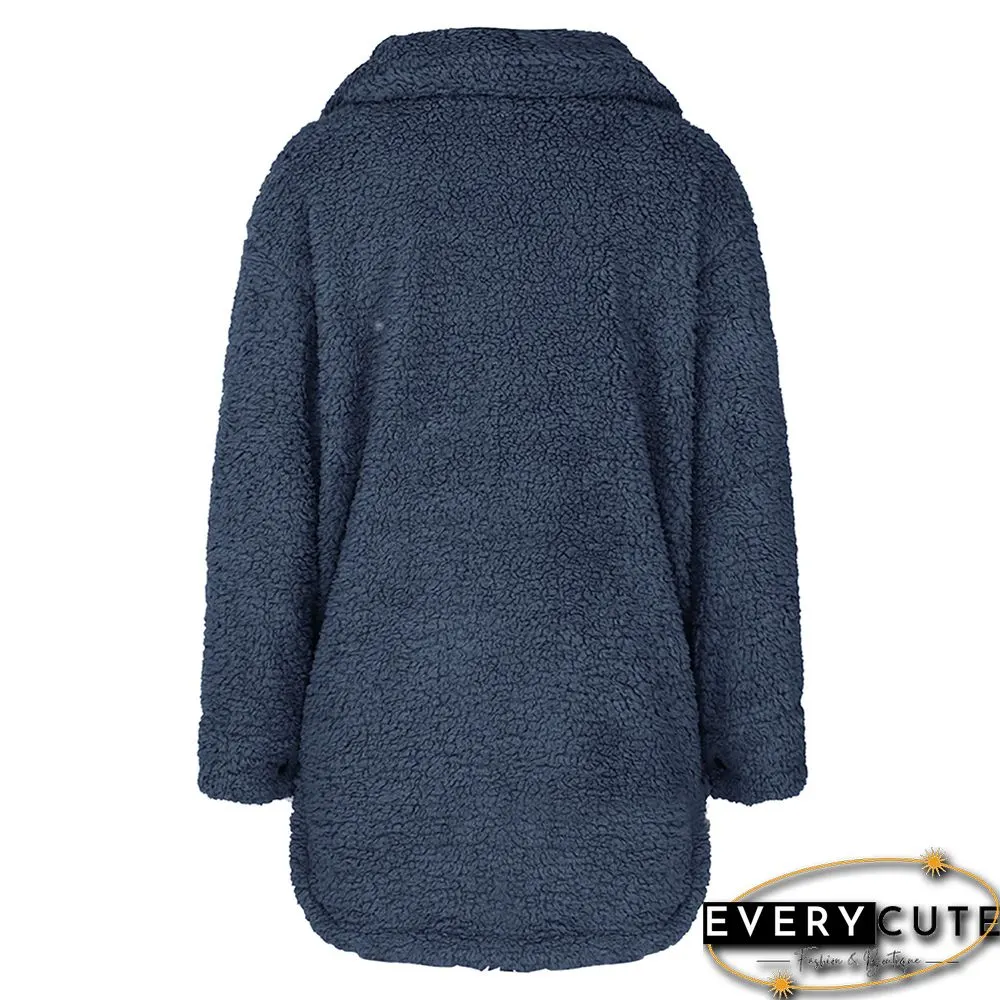 Navy Blue Double-sided Velvet Buttoned Plush Warm Coat