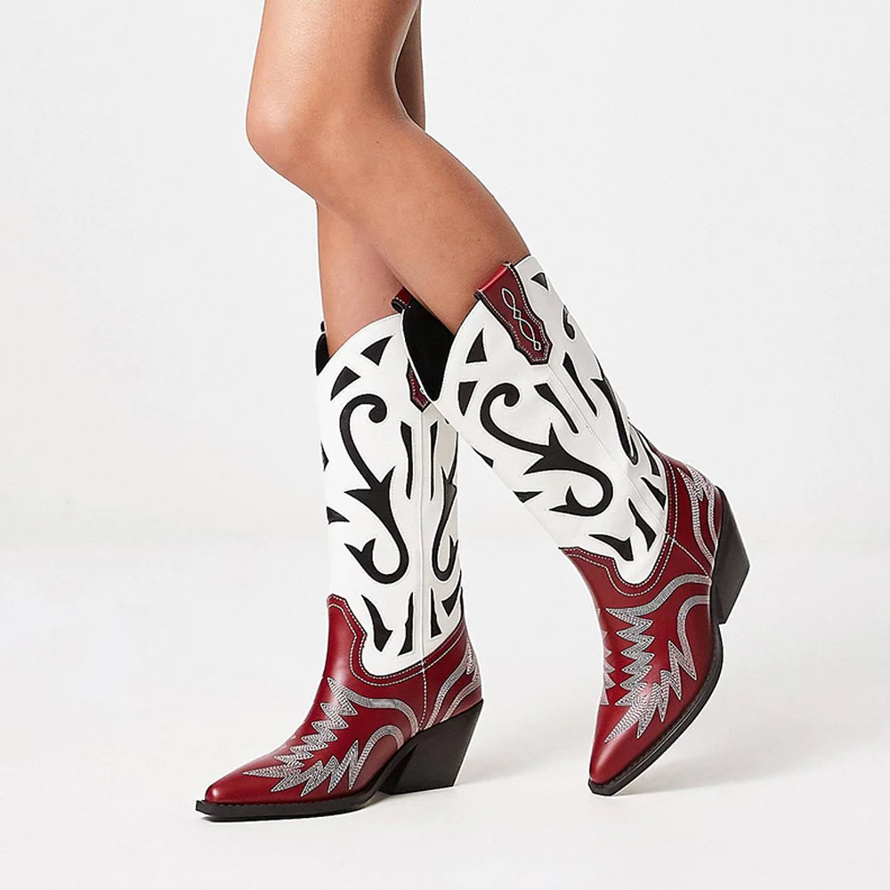 Red & White Pointed Toe Chunky Heel Mid-Calf Cowboy Boots for Women Nicepairs