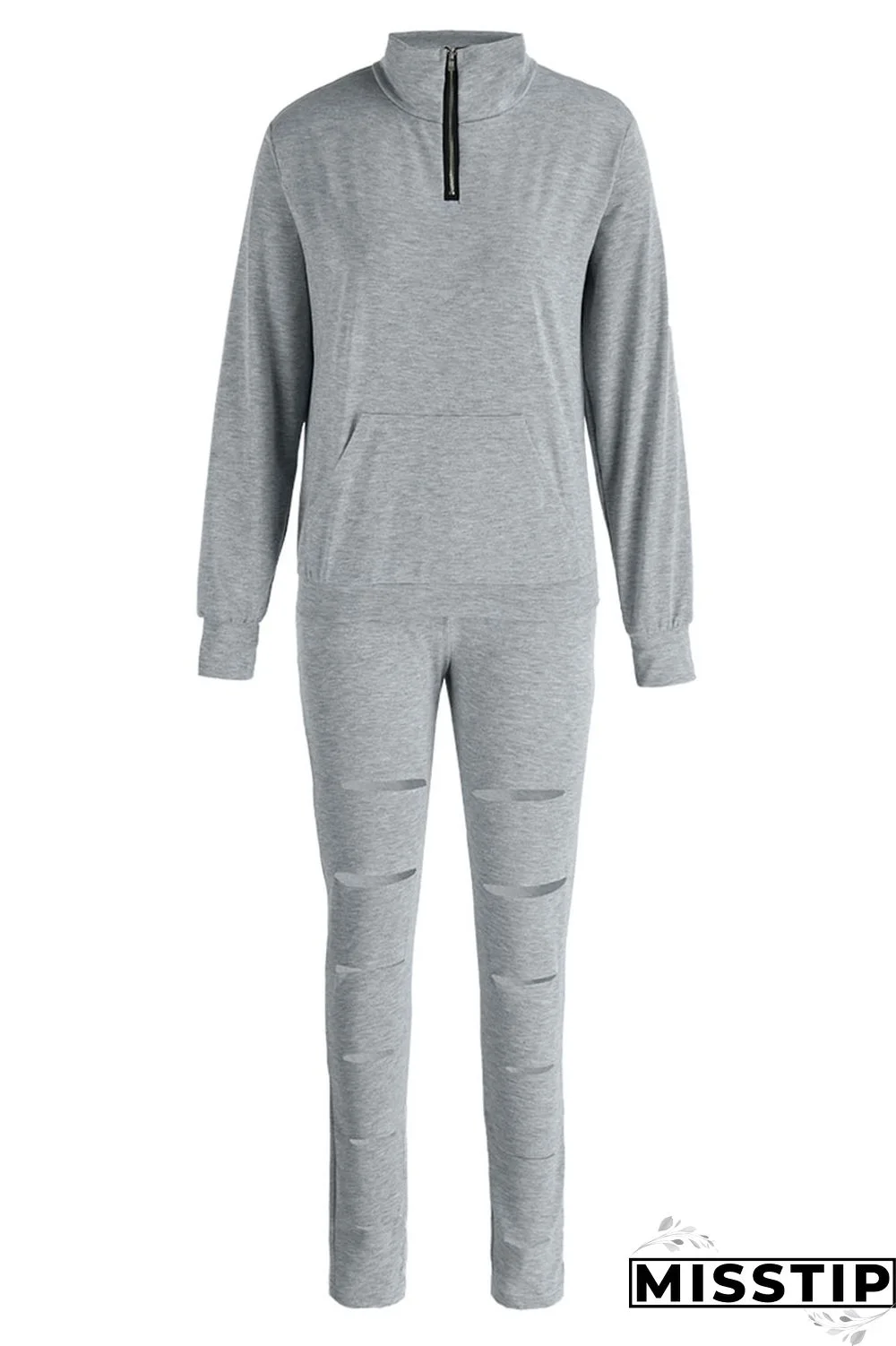 Coffee Casual Sportswear Solid Hollowed Out Patchwork Zipper Collar Long Sleeve Two Pieces