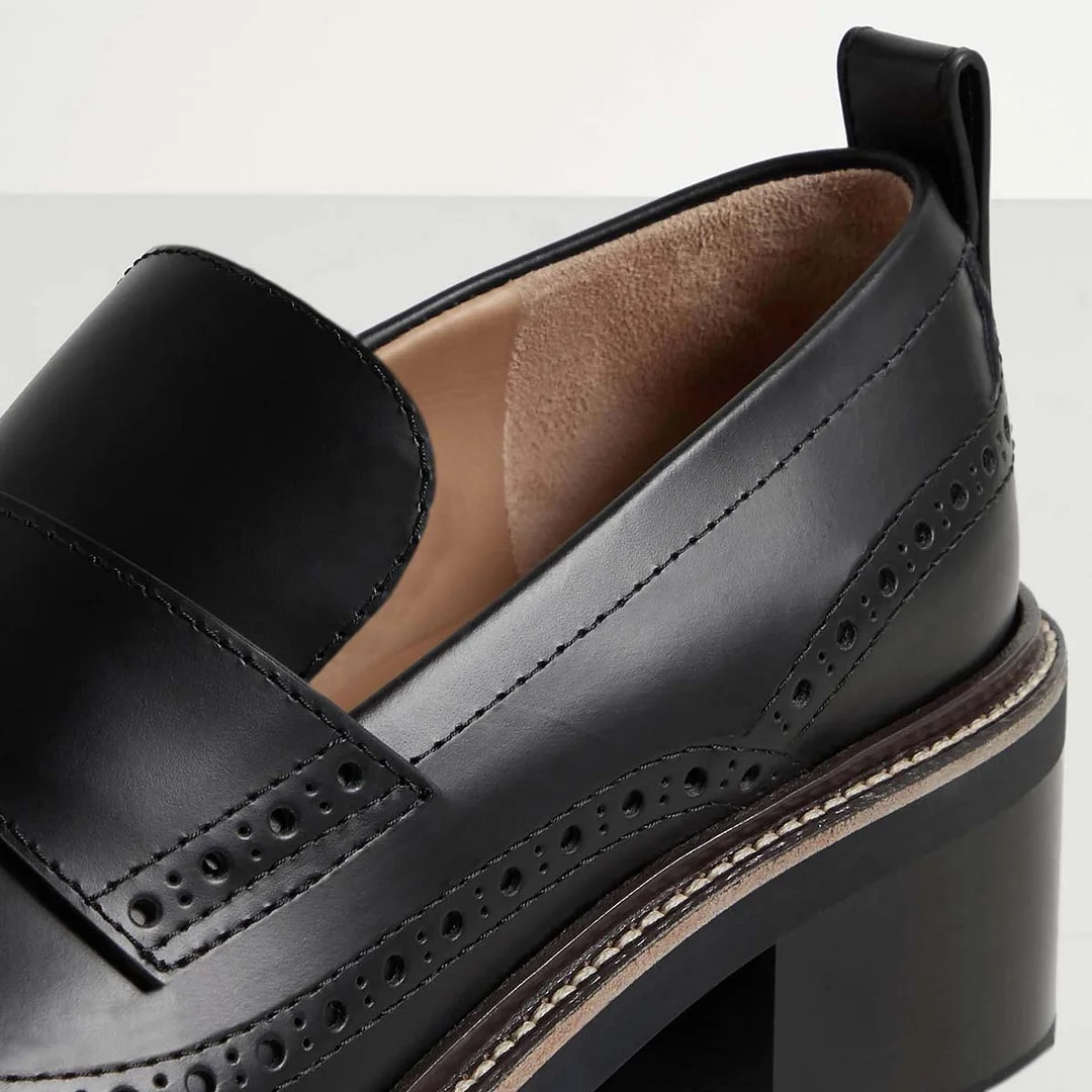 Black Slip-On Hollowed Round Toe Womens Loafers with Block Heel