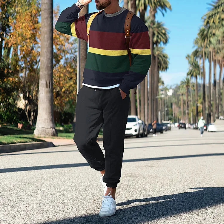Retro Stripes Contrast Color Print Sweatshirt And Sweatpants Co-Ord