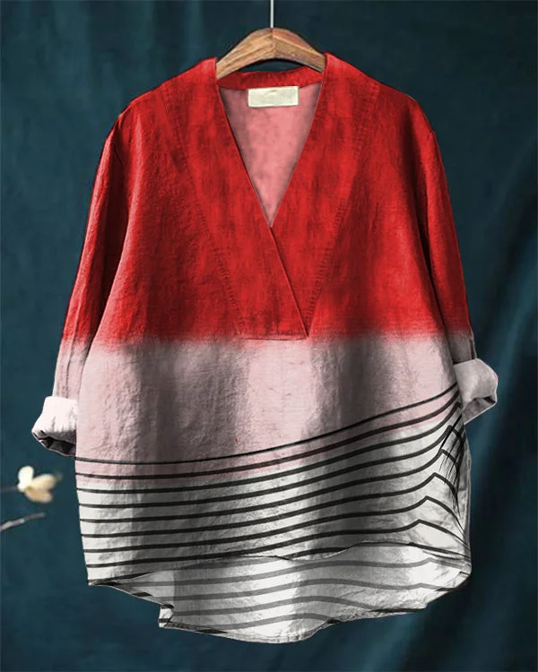 Vintage Abstract Art Print Loose V-Neck Cotton and Linen Shirt