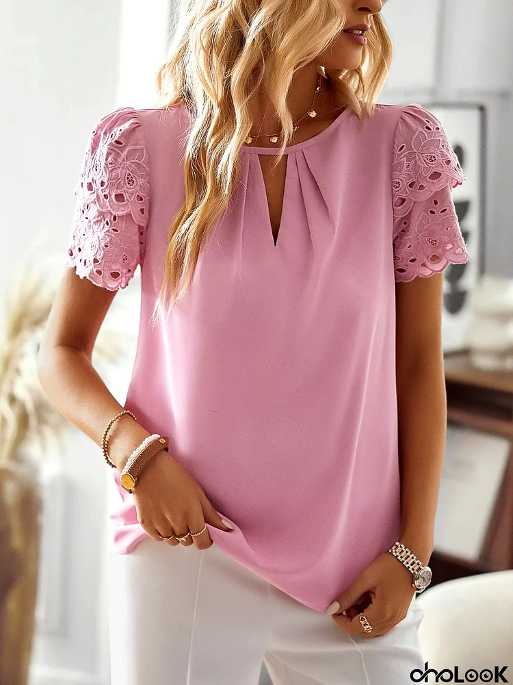 Round Neck Spliced Lace Puff Sleeve Blouse