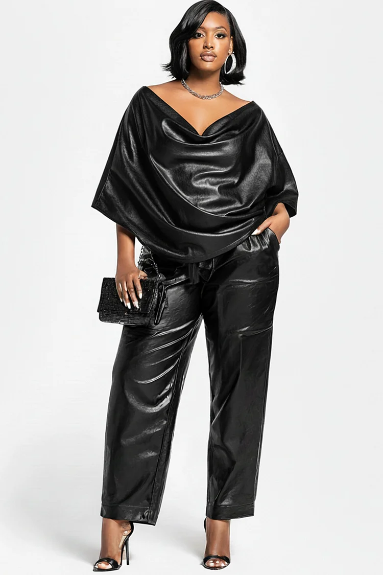 Xpluswear Design Plus Size Business Casual Black Cowl Neck Half Sleeve Pocket Elegant PU Leather Two Piece Pant Sets 2024 - Xpluswear
