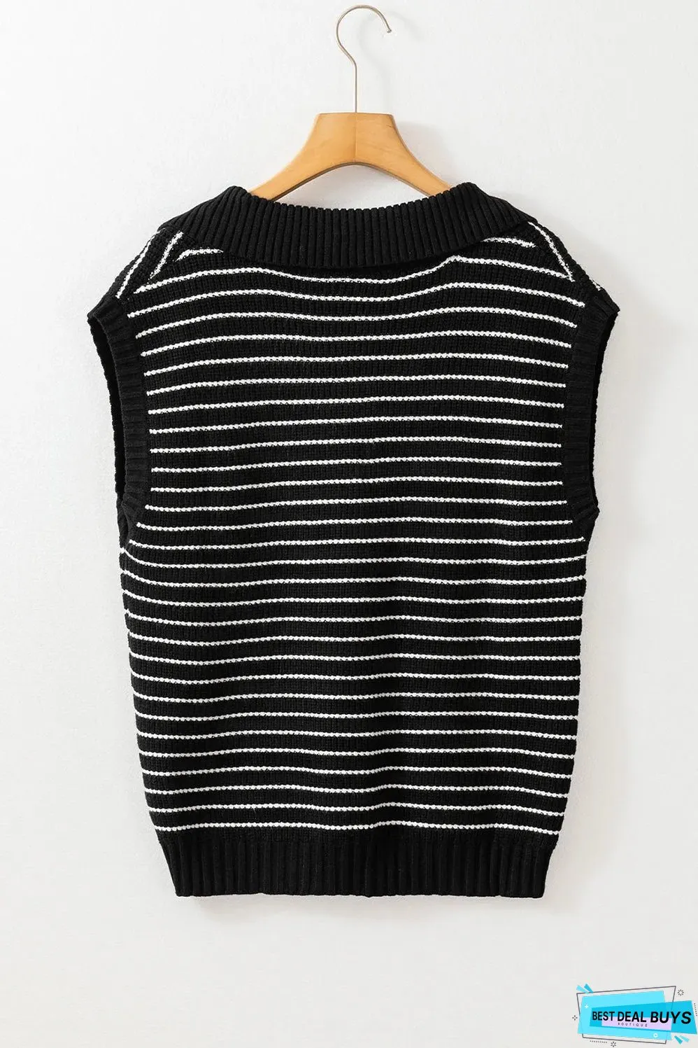 Black Stripe Turn-down V Neck Sweater Tank Top