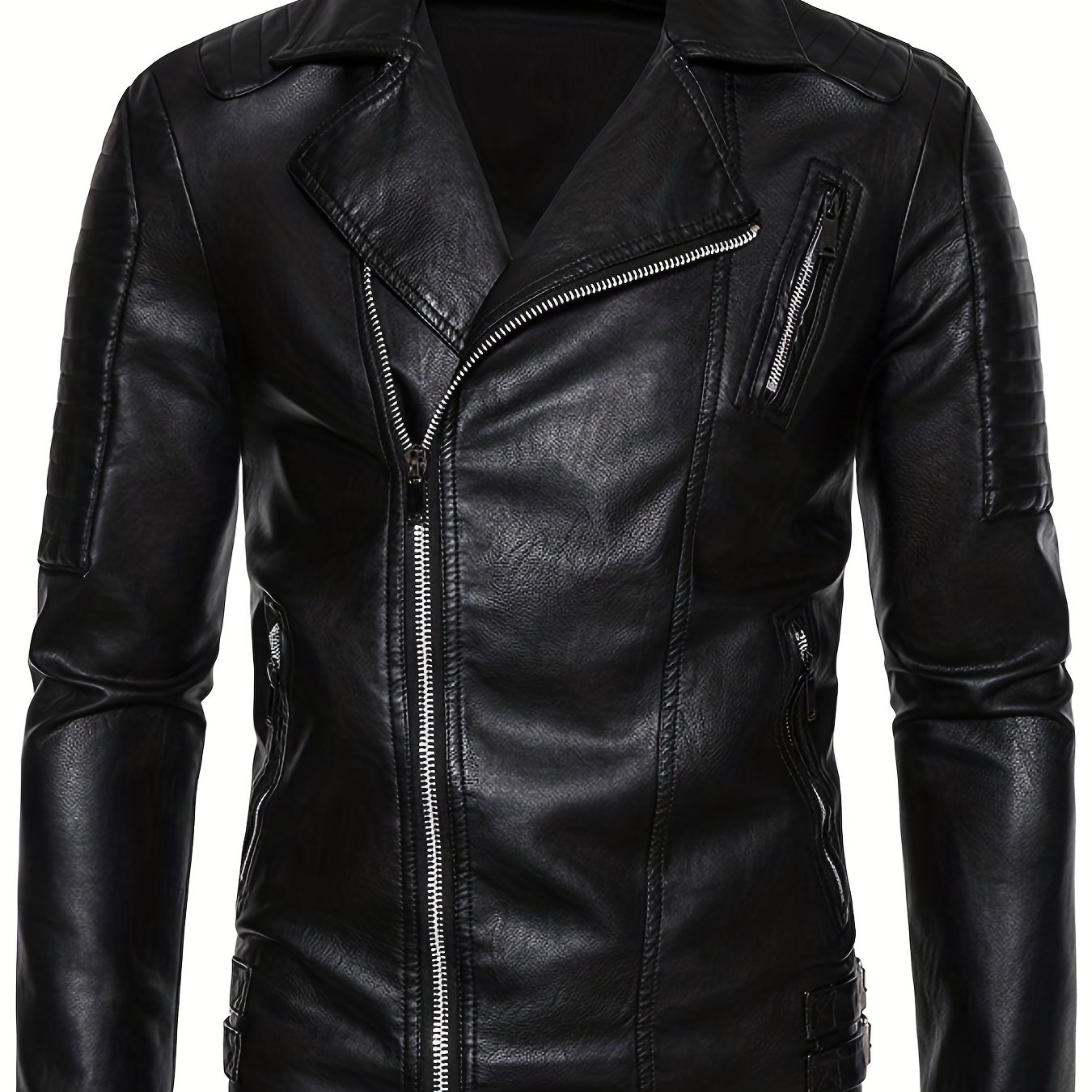 stylish Slant Placket Biker Jacket, Men's Casual Solid Color Zip Up Turndown Collar Faux Leather Jacket For Spring Fall