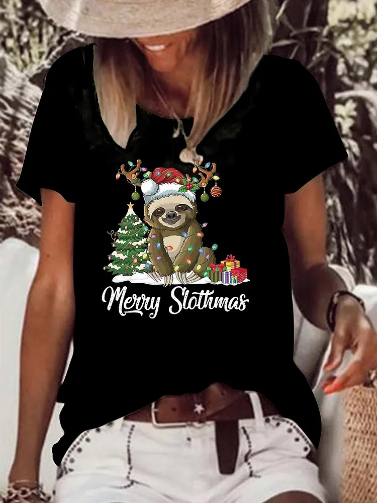 Merry Slothmas Funny Sloth Christmas Raw Hem Tee-Annaletters