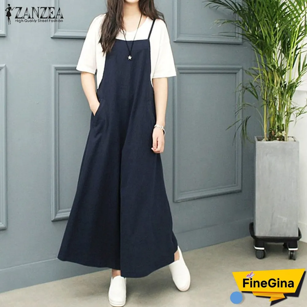 ZANZEA Summer Women Cotton Loose Strappy Romper Long Pants Wide Legs Jumpsuit Pure Color Plus