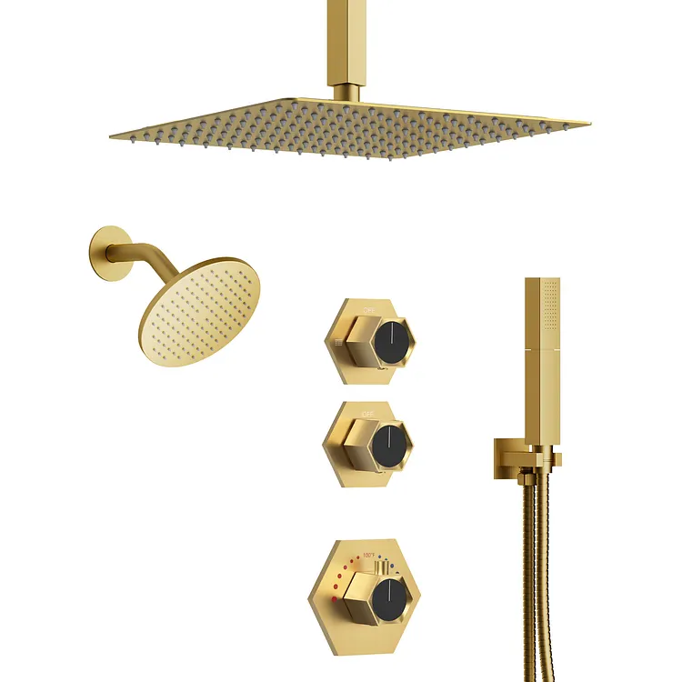 EVERSTEIN 12" Dual Shower System with Thermostatic Valve and Handheld Spray Brushed Gold