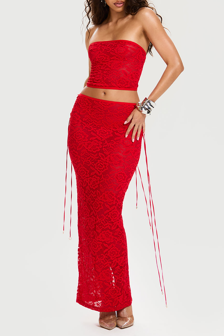 Floral Lace Crop Tube Top Bodycon Maxi Skirt 2pcs Set-Red [Pre Order]