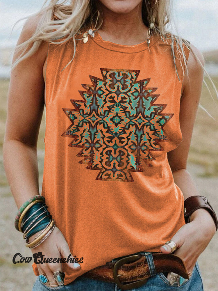 Retro Orange Aztec Pattern Print Casual Tank Top Orange / S