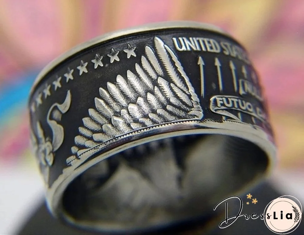 Men's fashion accessories 925 sterling silver hip hop unisex jewelry men's Viking punk skull ring vintage Morgan silver coin engraved with " No Fxxk America"" ring men's antique punk collection jewelry 7-13"