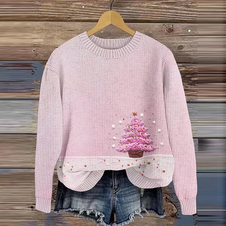 Christmas Tree Embroidery Women's Crew Neck Sweater