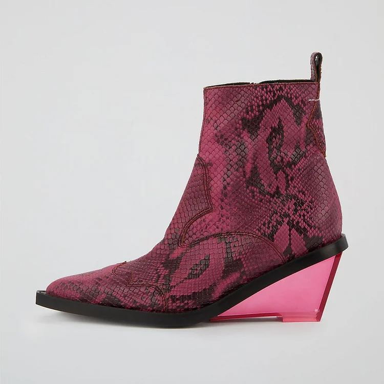 Pink Snake-Effect Closed Pointed Toe Wedge Heel Ankle Boots for Women |FSJ Shoes