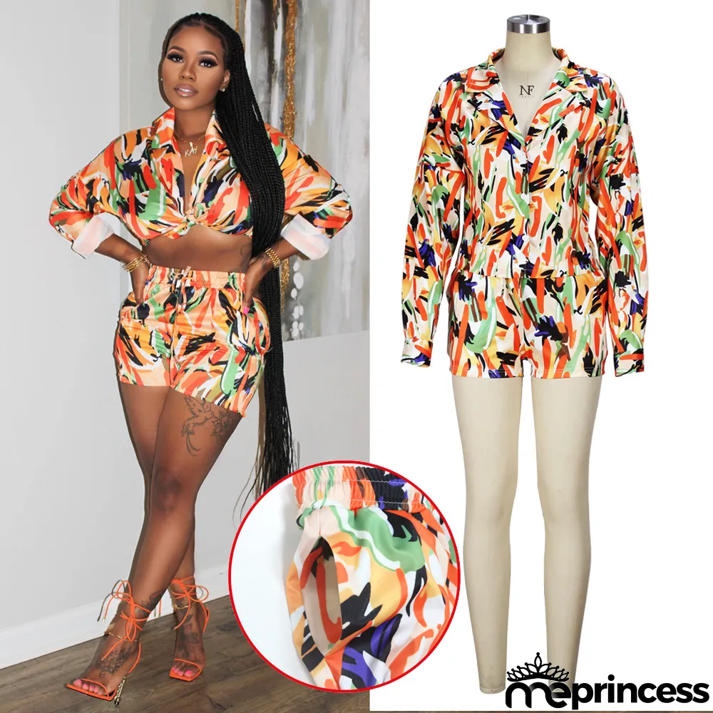 Spring/Summer Knotted Crop Print Turndown Collar Shirt Pants Suit Fall/Winter Women's Two Piece Set