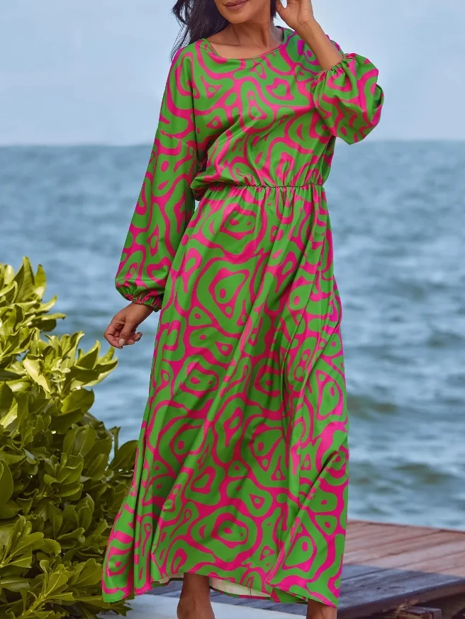 Abstract Printed Waist Round Neck Long Sleeves Maxi Dress