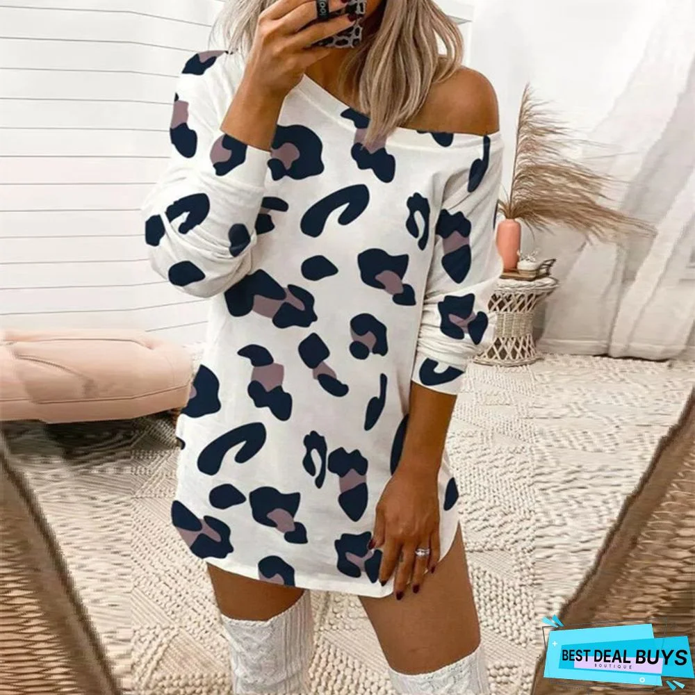 Sexy Leopard Print Off Shoulder Long Sleeve T-Shirt Dress Women White Dresses