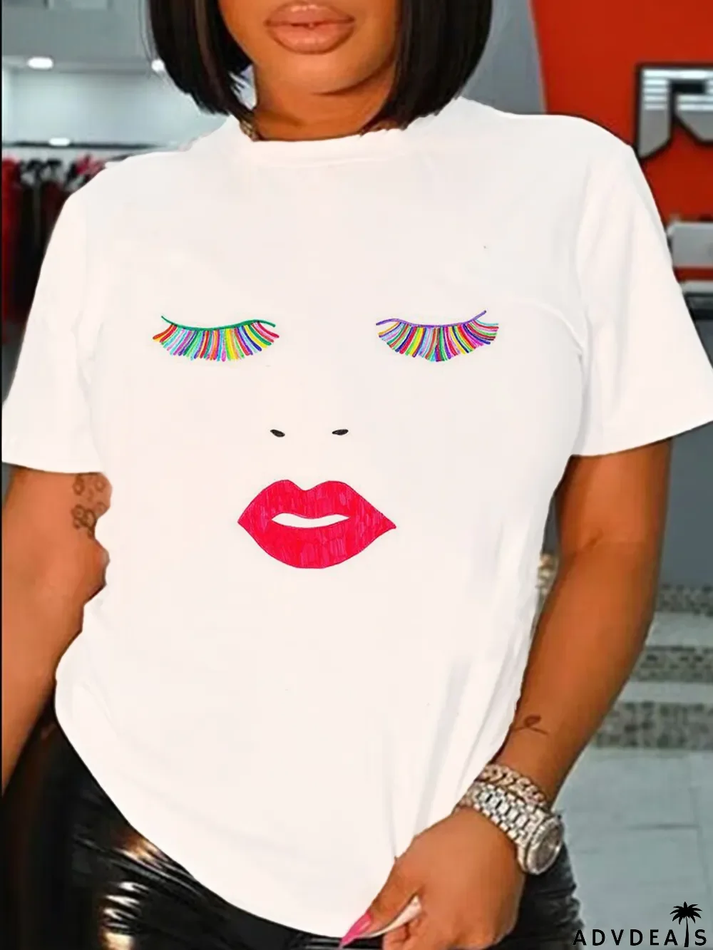 Women's Casual Style Short Sleeve Top Cartoon Emoji Print T-Shirt