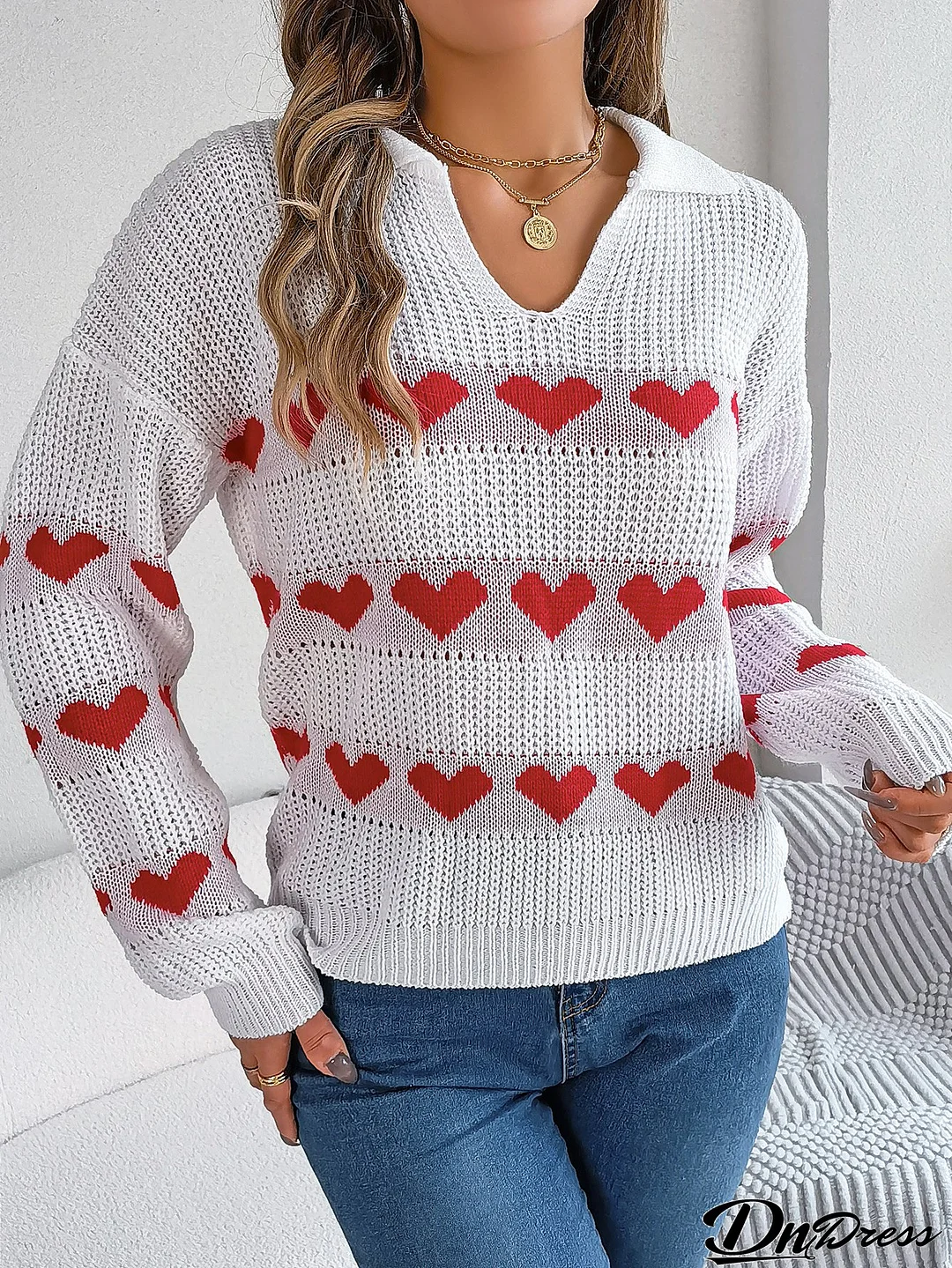 Women Fall/Winter Casual V-neck Balloon Sleeve Heart Print Sweater