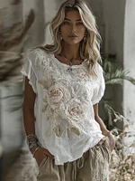 Women's Vintage Floral Art Linen Blend Comfy T-shirt