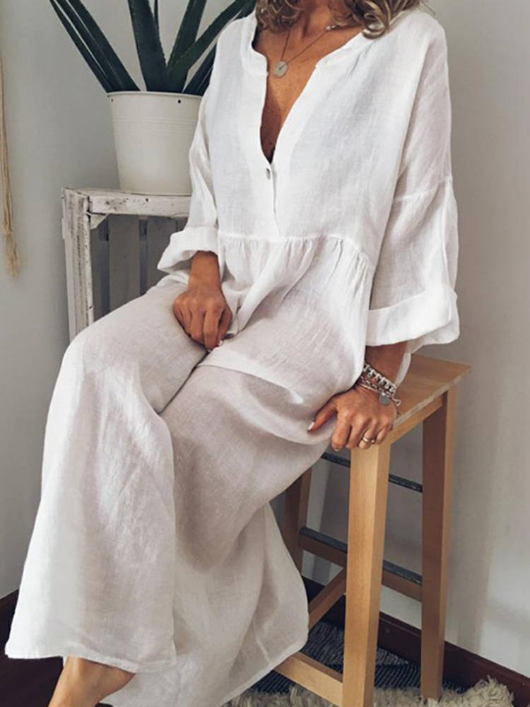 Comstylish Vintage Solid Color V Neck Cotton Linen Maxi Dress